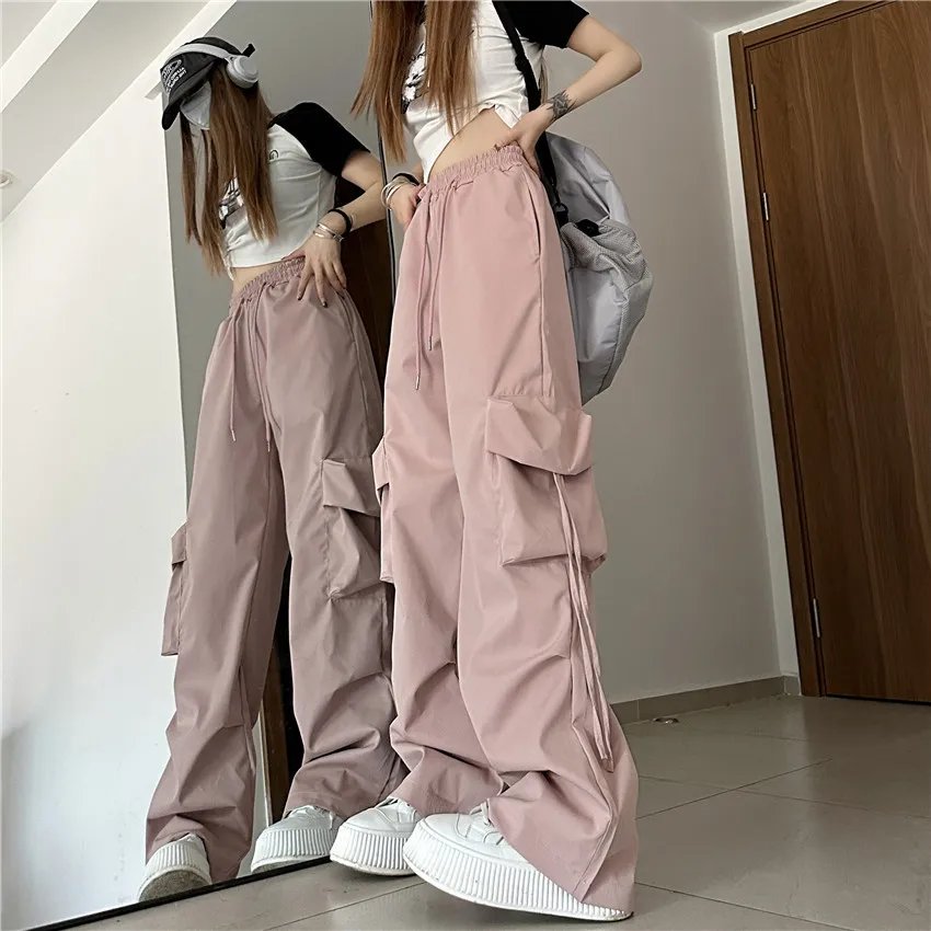 Women's Pants Solid Color Side Pockets Sweatpants Wide Leg Loose Fitting Casual Cargo Pants Hip Hop Jogging Cargo Pants