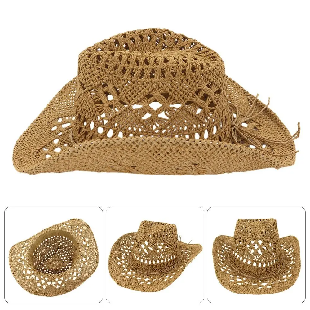 

Sun Protection Western Cowboy Hat Summer Wide Brim Breathable Straw Cap Hand-woven Jazz Hat Beach