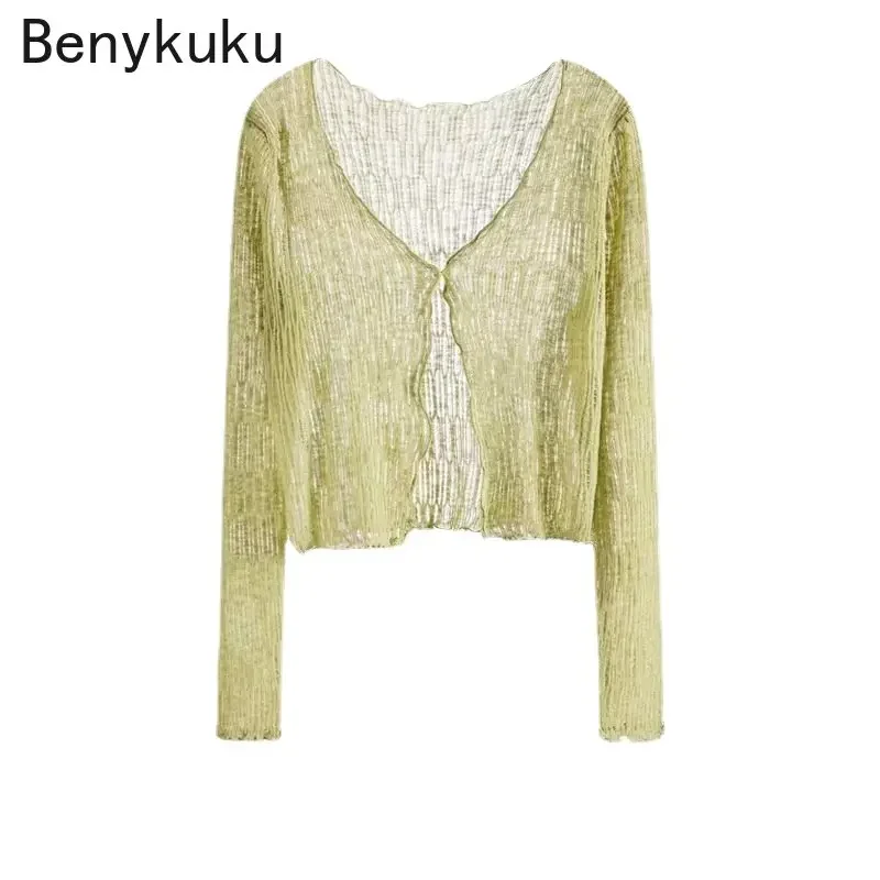 

Летние милые тонкие топы для девушек в Корейском стиле, однотонный укороченный топ с V-образным вырезом и длинным рукавом, прозрачный вязаный кардиган из вискозы для женщин