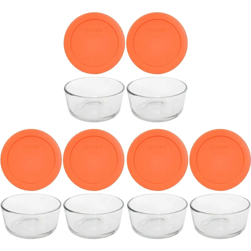 (6) 7200 2 Cup Glass Dishes & (6) 7200-PC 2 Cup Orange Lids