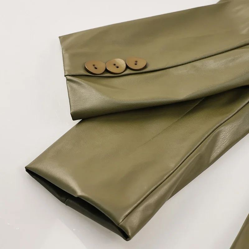 Chaqueta de cuero para mujer, estilo urbano, verde, con pliegues, escote en V, un botón, manga larga, bolsillos, abrigo hasta la cintura, primavera 2025, estilo urbano Y2K.