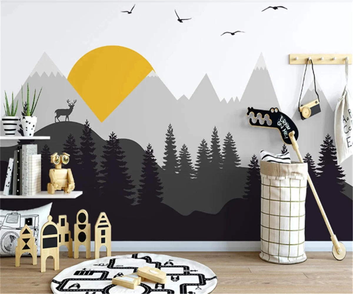 Customized mural Northern Europe hand-painted modern simple geometry mountain peak pine forest elk children's wall wallpaper