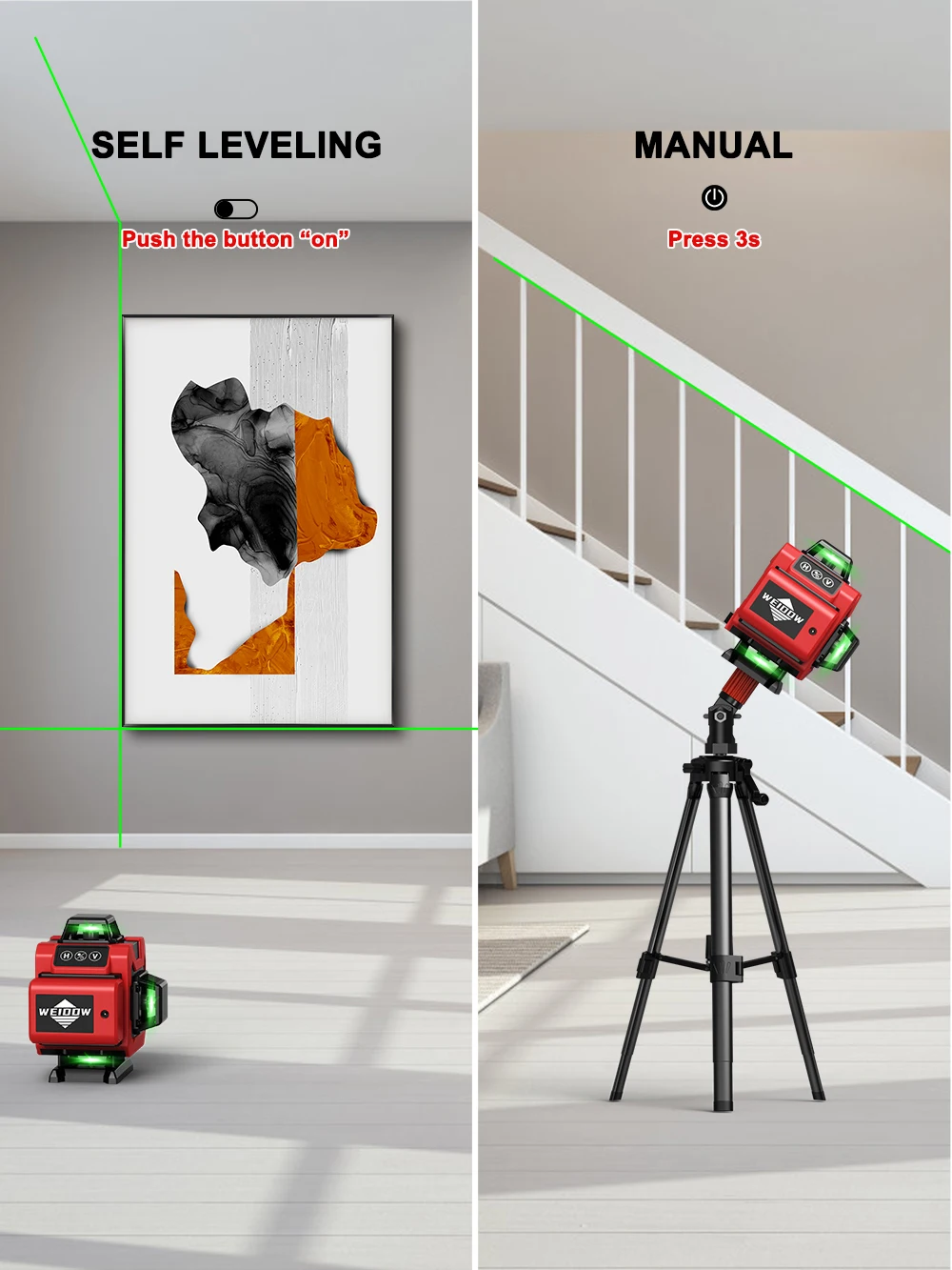 Laser Level Laser Level Tripod WEIDDW Professional Laser level 4D 16 Lines with 39.37 Inch (1M)Tripod 360&deg;Self-leveling Laser Levels Green Beam Nivel