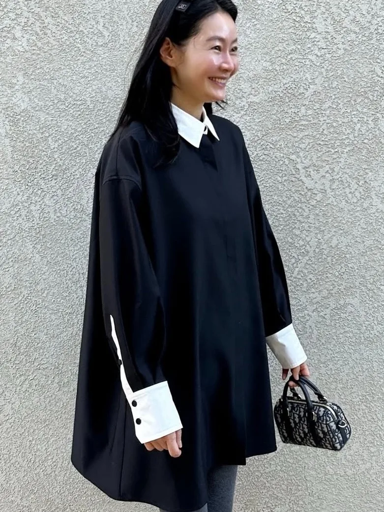 Chic Spring Casual Loose Long Sve Collared irt Women's Mid-Length Patchwork Faionable Color Blo Versatile Ladies Top