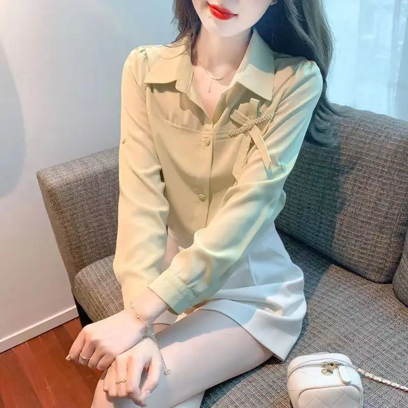 여성용 폴로 칼라 시크 활 셔츠, 다목적 비즈 긴팔 가디건, 단추 루즈 탑, 용수철 2023, 신상 패션
