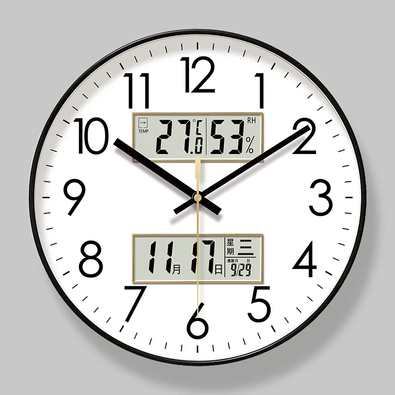 Wall Clock New Modern Design Wall Clock Temperature Digital Calendar Analog Silent Round Non-Ticking