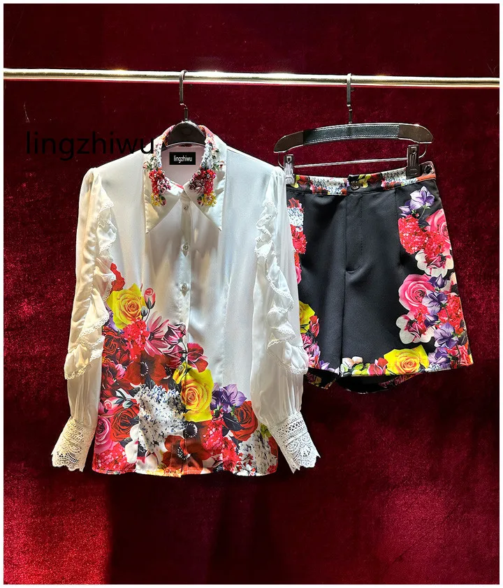 Женский Дизайнерский Костюм lingzhiwu из двух предметов, модная милая блузка и шорты с принтом, костюм из двух предметов, лето 2024, Новое поступление