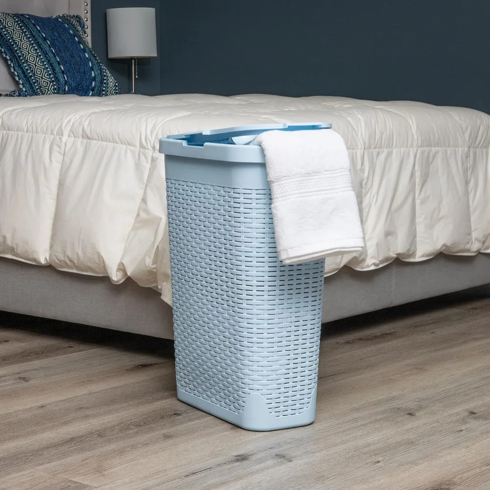 40L Slim Laundry Hamper, Clothes Basket, Lid, Wicker Design, Plastic, 18"L x 10.4"W x 23.5"H, Baby Blue