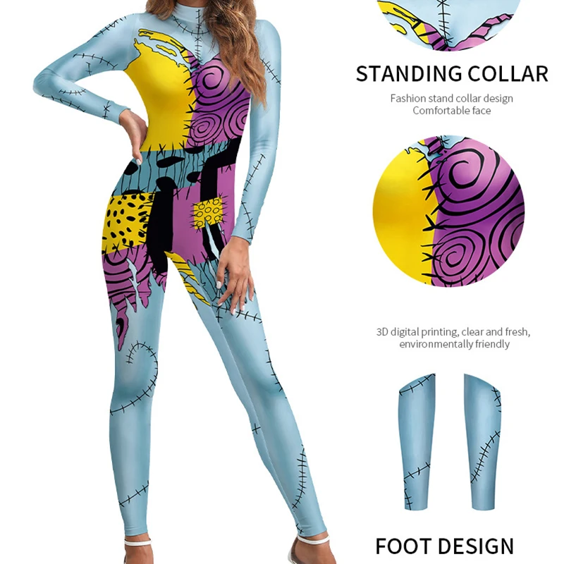 Sally Digital Print Jumpsuit pour femme, costume d'Halloween, costume de film cosplay, bas féminins, olympiques de Noël, transporteurs ysuit pour femme