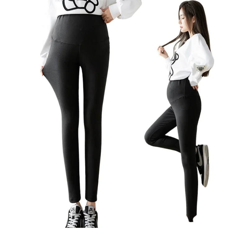 Winter Pregnant Woman Stretched Leggings Thick Warm Double-sided Pleece Maternity Flexable Belly Pants Candy Color Trousers