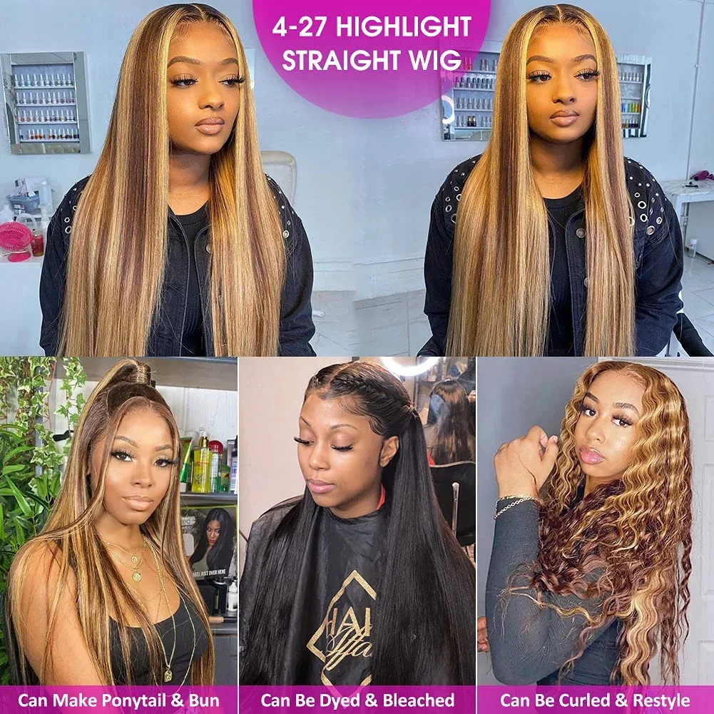Highlight Straight 40 46 Zoll P4/27 Braun gefärbte 13x6 Echthaarperücke 200 Dichte, vorgezupft, 13x4 HD Lace Front Perücken für Damen – Detail 9