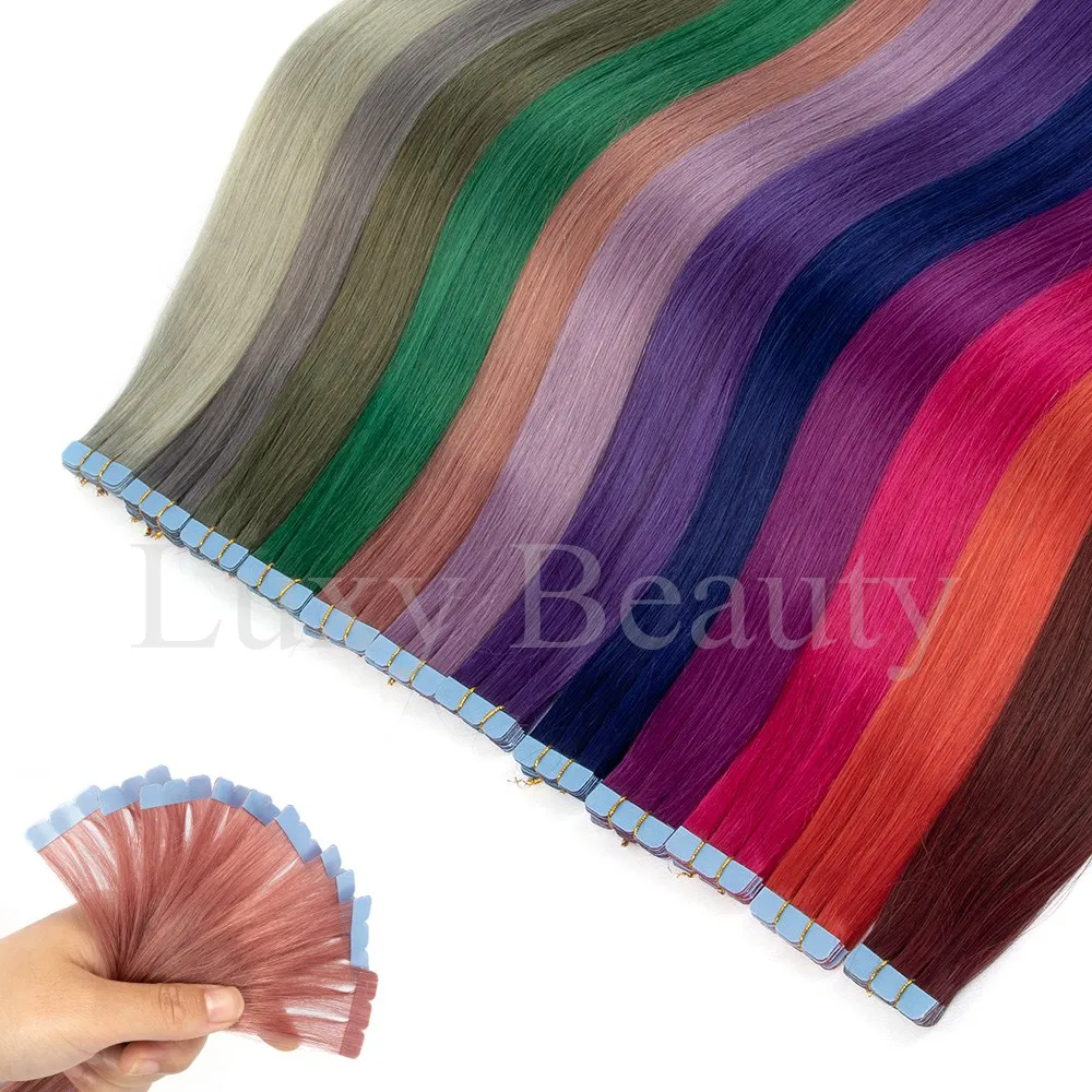 Colored Mini Tape in Hair Extensions Invisible Seamless Tape in Human Hair 10pcs/set Pink Red Green Purple Blue Mini Tape Hair