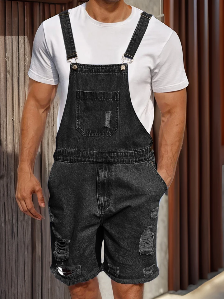 Mens Sleeveless Distressed Denim Overall Shorts