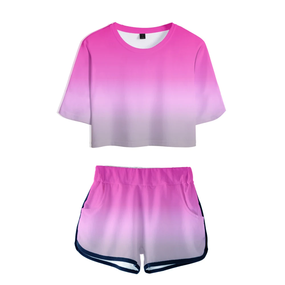 

Gradient Color Two-piece Suit Womens Rainbow 3D Print Girls Shorts T-shirt Summer Soft Short Pants Womens Tracksuit Set