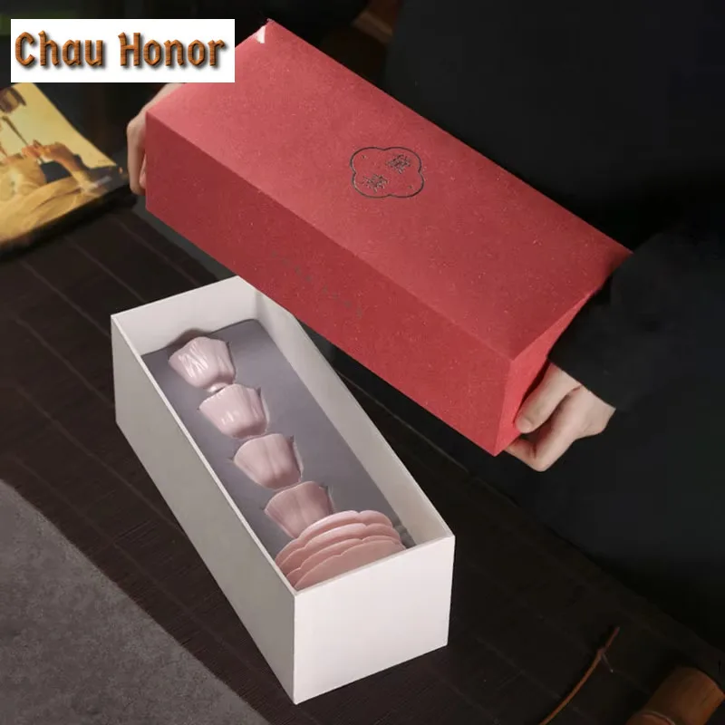 4pc/set Boutique Jade Mud Cherry Blossom Powder Teacup Tea Bowl Set of Cups Tea-tasting Smelling Cup Jianzhan Master Cups Teaset