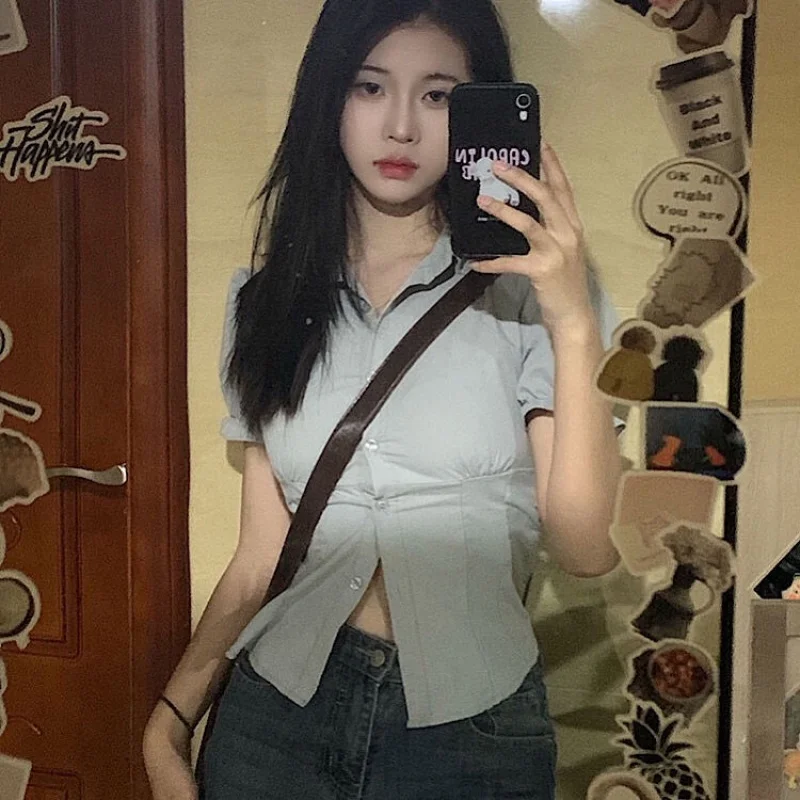 

Summer girls bubble short sleeve shirt tucked in waist polo collar