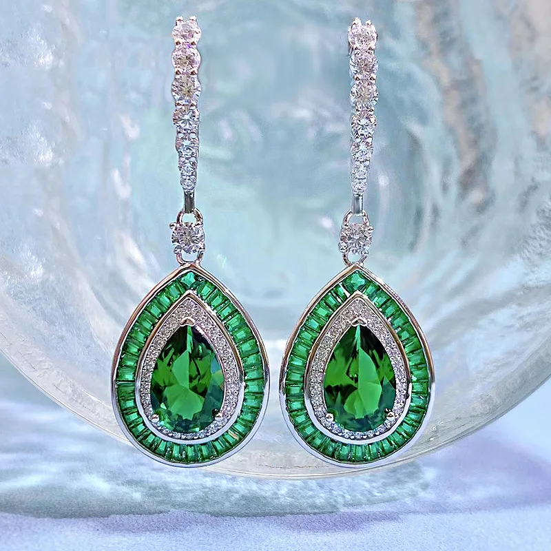 

Серьги из серебра 925 пробы в форме капли 8*12, роскошные серьги из чистого серебра с изумрудом и высокоуглеродистым бриллиантом в европейском и американском стиле Instagram