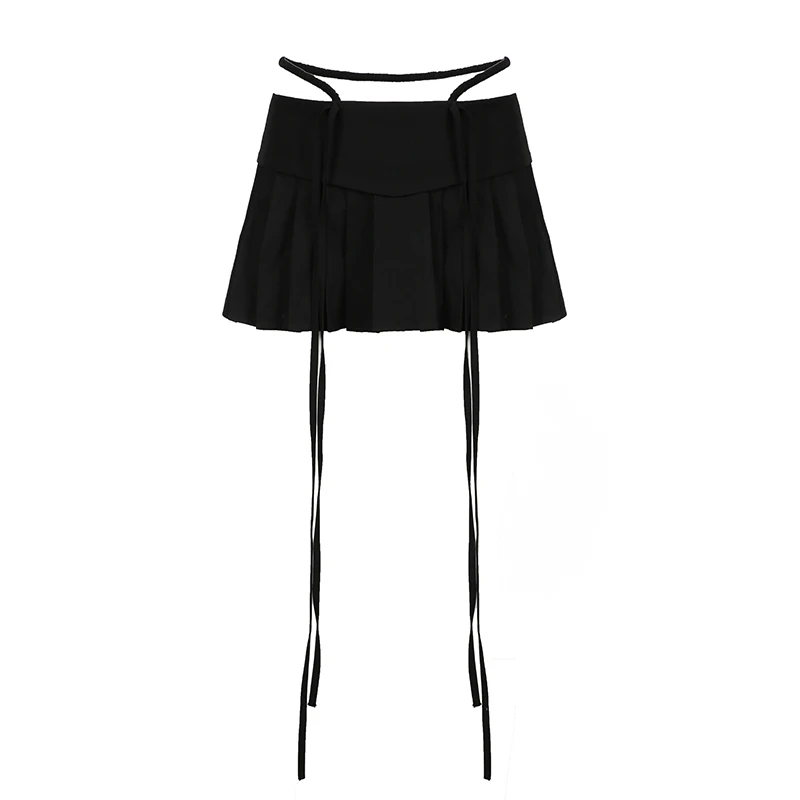 IAMHOTTY Retro Street Style Pleated Mini Skirt Women Turn-down Mid-waist A-line Skirts Bandage Design Fashion All-match Bottoms