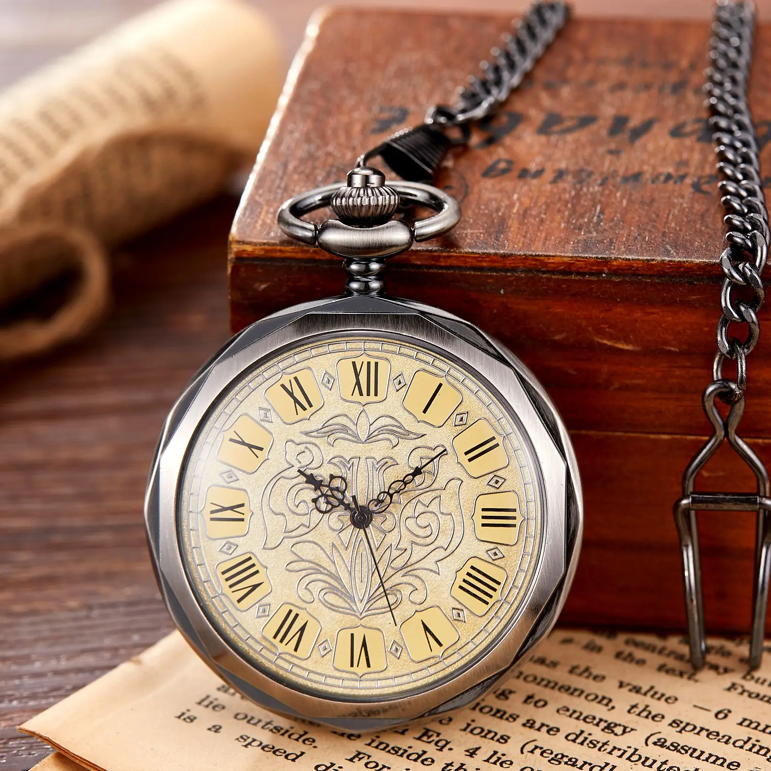Hexagonal Mechanical Pocket Watch Golden Sliver Bronze Hollow Fob Chain With Box Men Women Lady Watches Mens Vintage Gifts