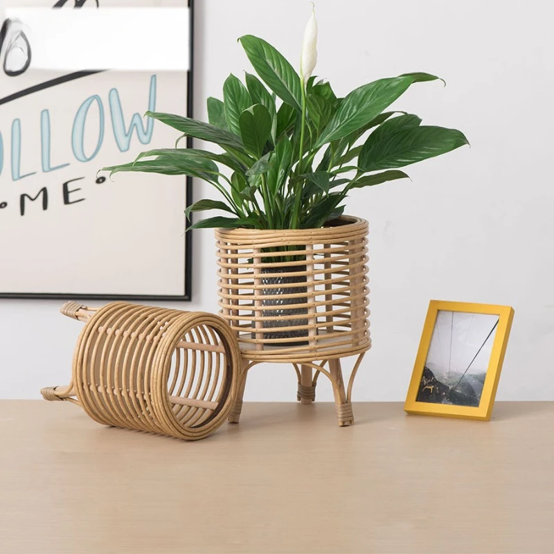 Planter Stand Basket Planter Holder Wooden Floor Plant Stand Flowerpot Rack Woven Flower Pot Stand, for Entrance Farmhouse