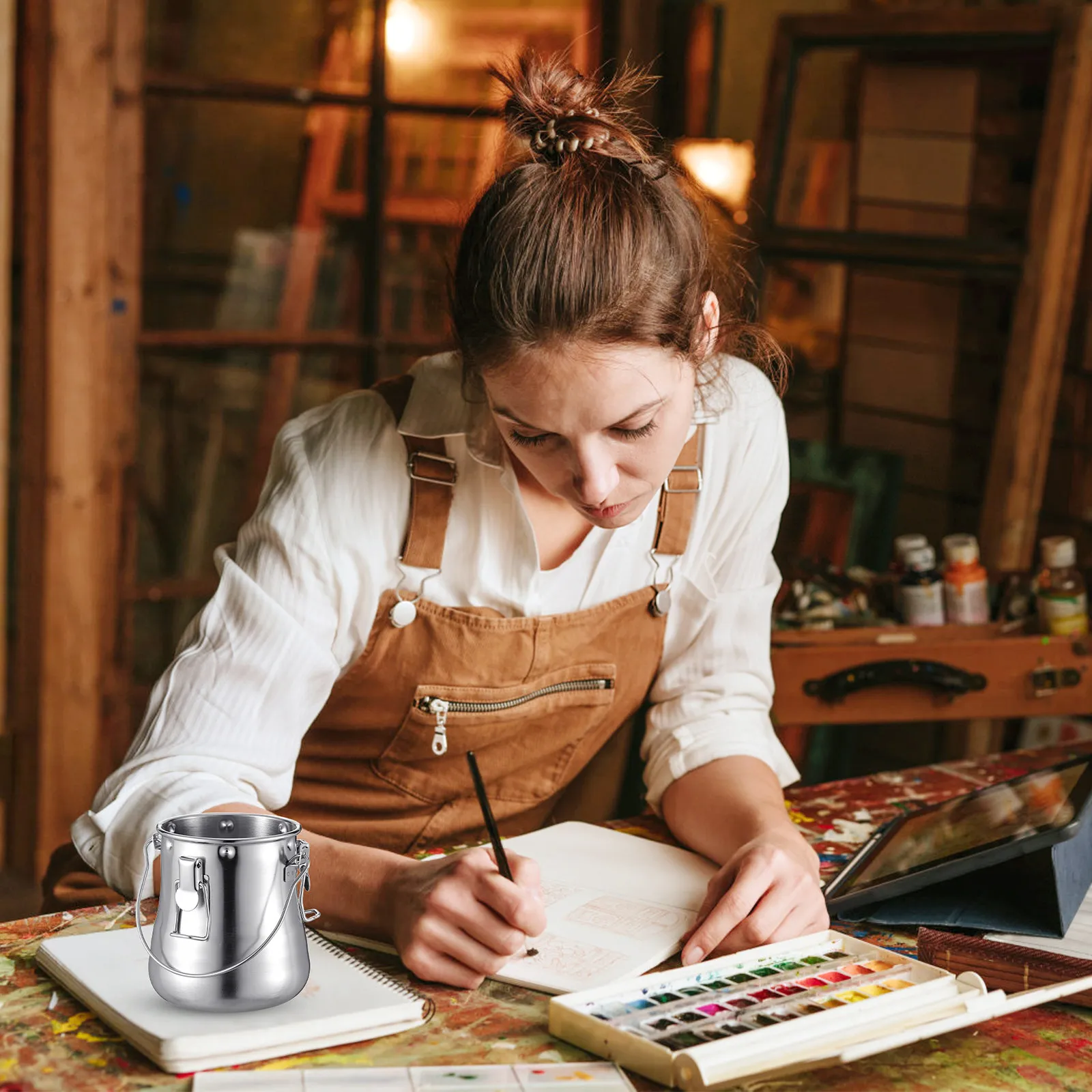 L 사이즈 스테인레스 스틸 페인팅 브러쉬 세척 버킷 휴대용 덮개형 물통 야외 스케치 여행 미술용