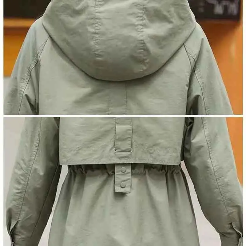 2023 new Women Casual Fashion Long Sleeve Hooded Zipper Mid-length Trench Solid Color Soft Elegant Cardigan Trench Coat