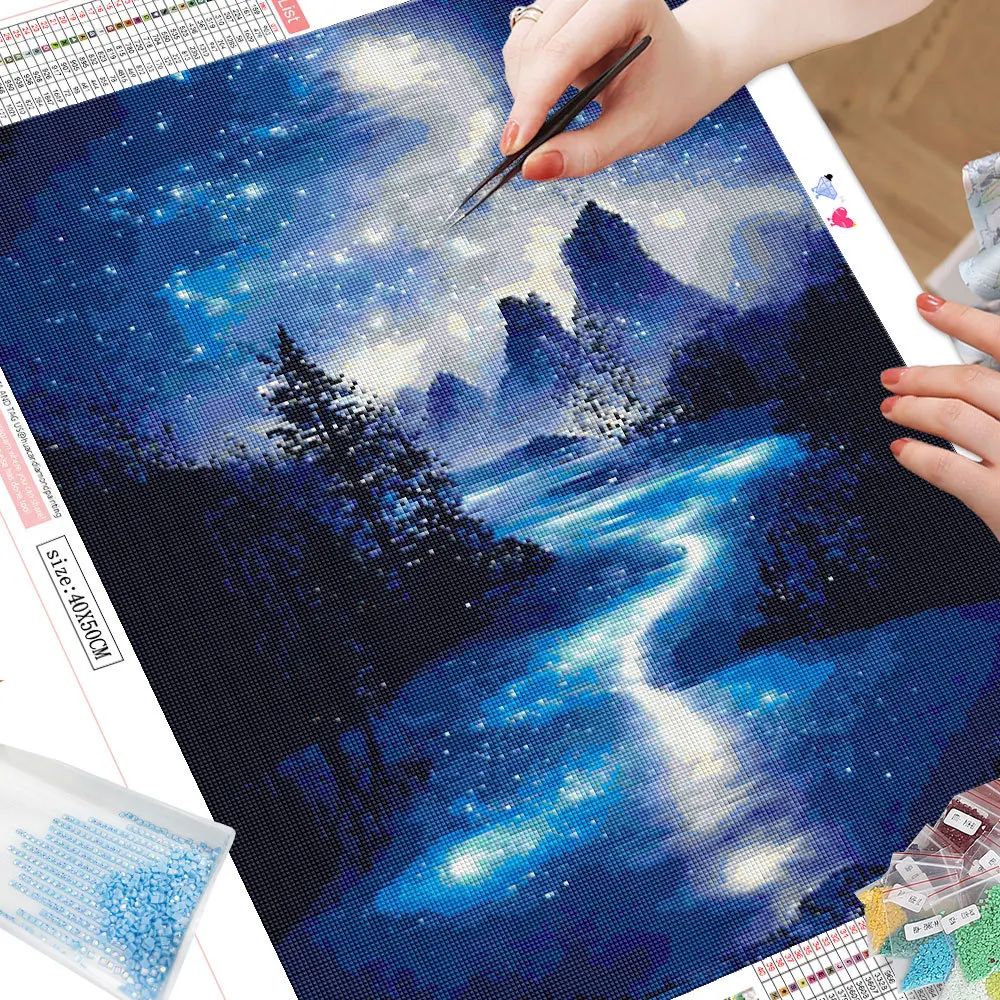 HUACAN Diamond Painting Night Landscape AB Drill Mosaic Starry Sky Mountain 5D DIY Home Decorative Friend Gift