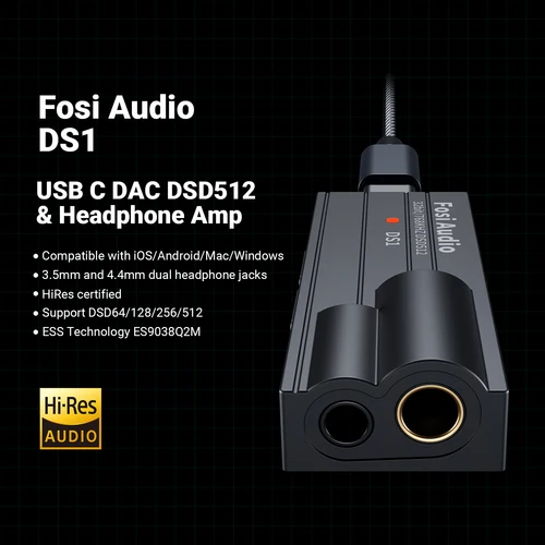 Fosi 오디오 DS1 DSD512 HiFi DAC 헤드폰 앰프 미니 오디오 USB DAC 앰프, 768 MM 및 3.5MM 듀얼 출력 32bit/4.4 kHz 지원 2