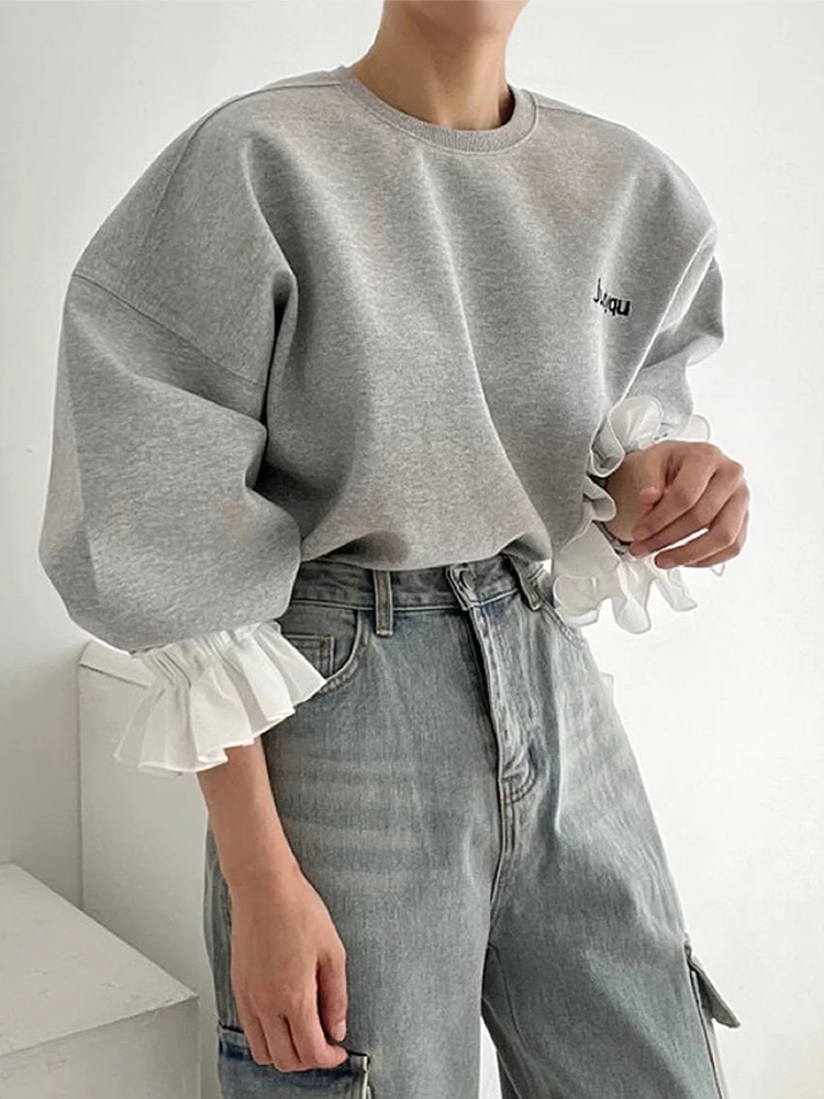 

Korean Style Vintage O-Neck Hoodies Women Spring Autumn Contrasting Colors Patchwork Flower Sleeves Tops Embroidery Hoodies