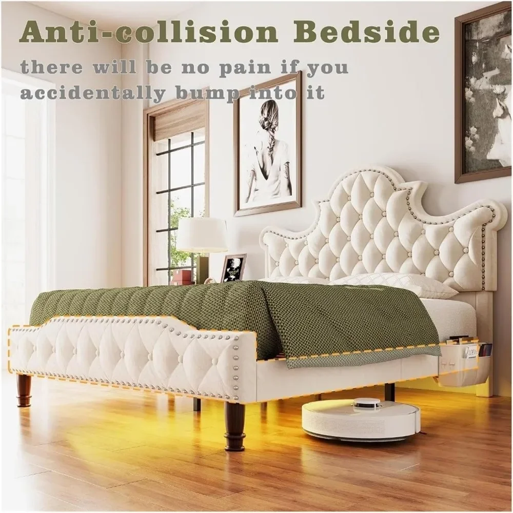 Queen Size LED Bed Frame, Queen with 58" Tall Tufted Headboard, Sturdy and Noiseless, Cream Bed Frame, Queen Bed Frame 4