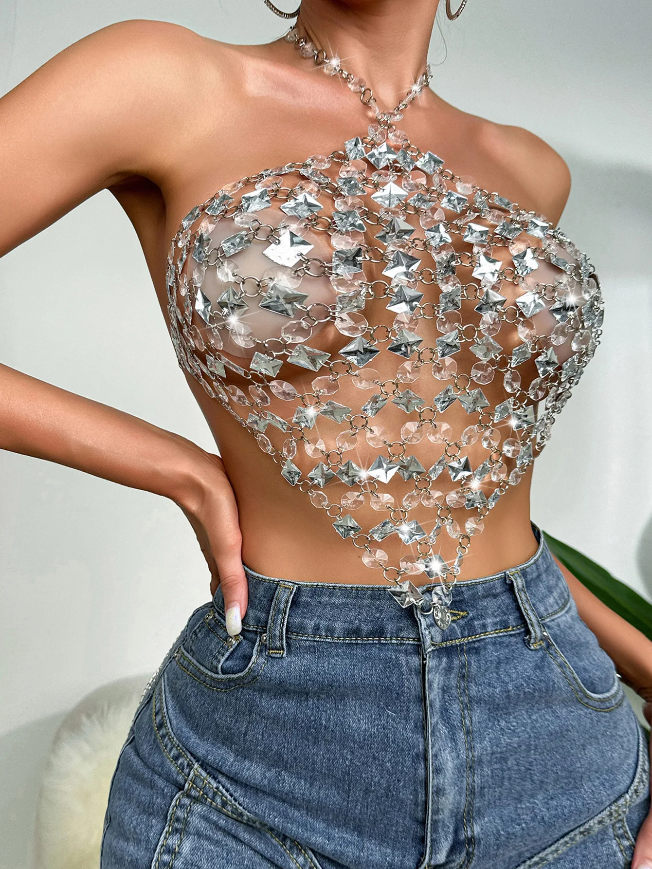 New jeweled chain stitching sexy vest costume