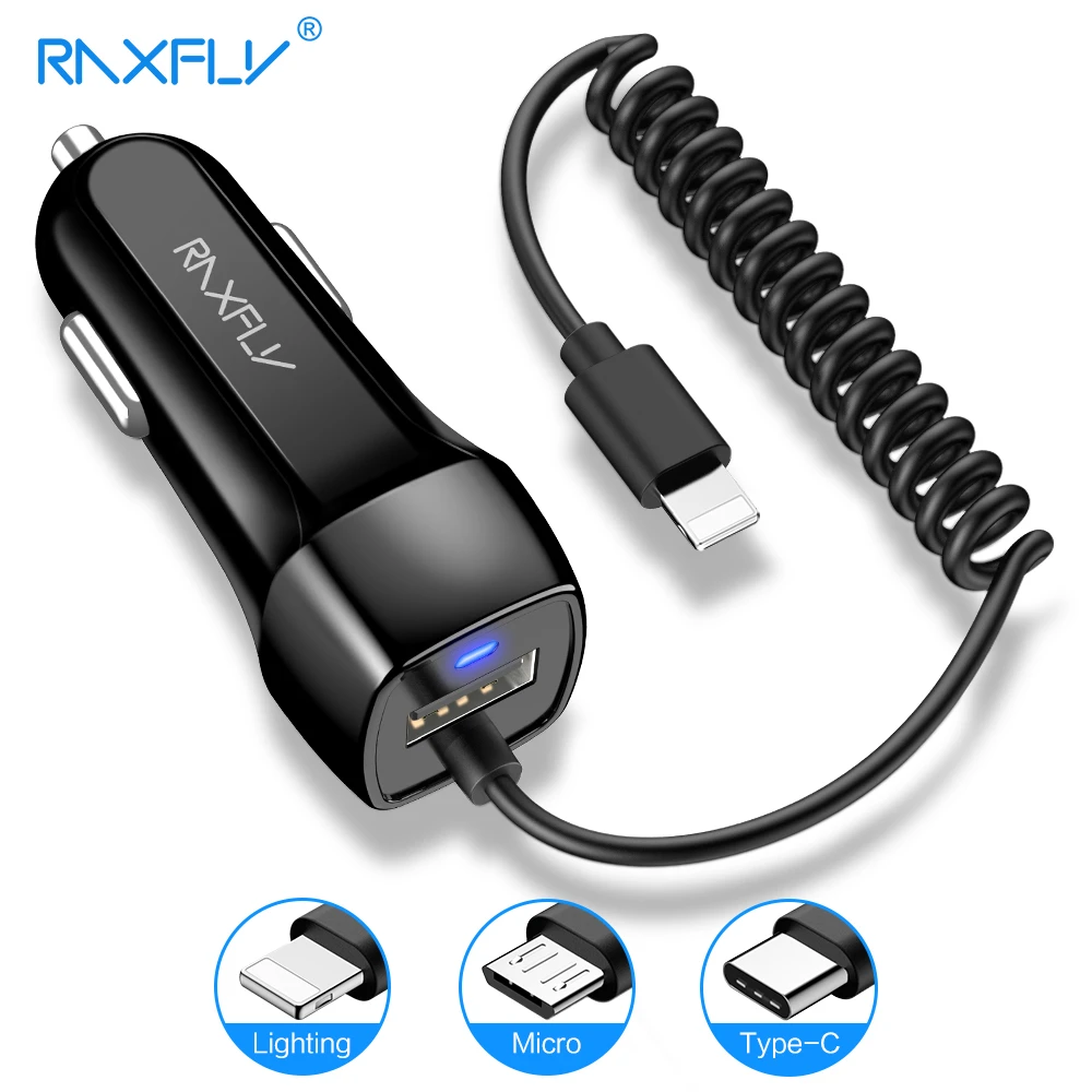 RAXFLY Car Charger With Spring Micro USB Type C Cable For iPhone 12 11 XR 8 Cigarette Lighter USB Truck Car Charger For Phone 12 v usb