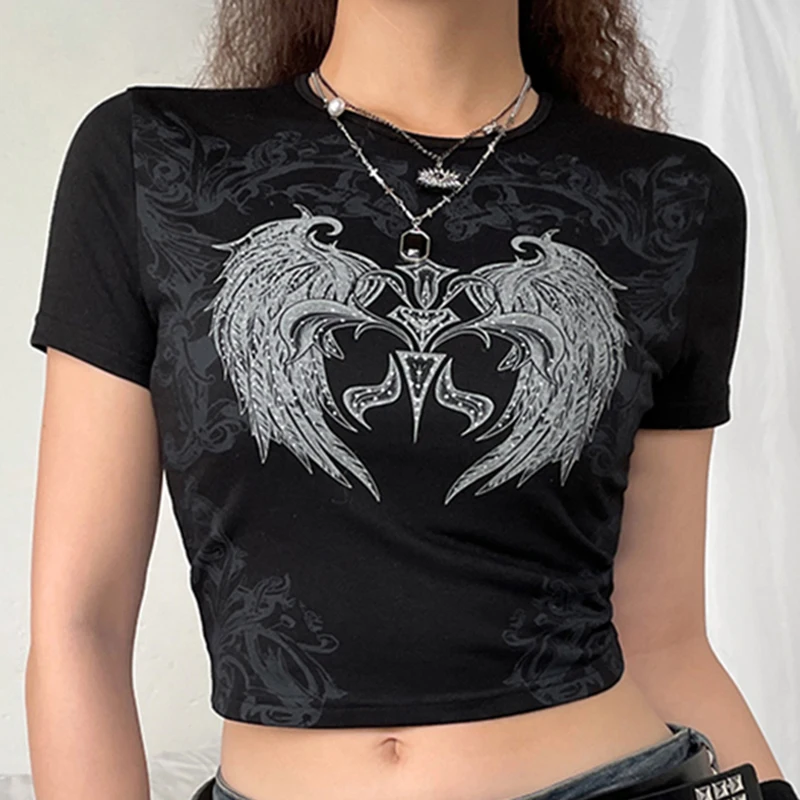 

90s Vintage Wing Criss Cross Rhinestone Short sleeve Tee Harajuku Graphic Print O-neck T-shirt Gothic Retro Women Y2K Crop Top