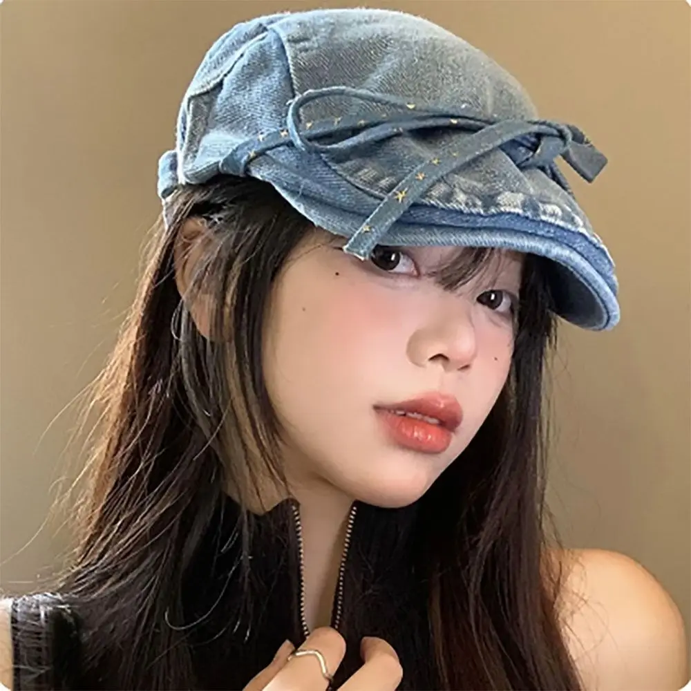 Original Bow Strap Design Berets Caps for Women Spring and Summer Travel Ins Versatile Sunscreen Retro Denim Forward Hats