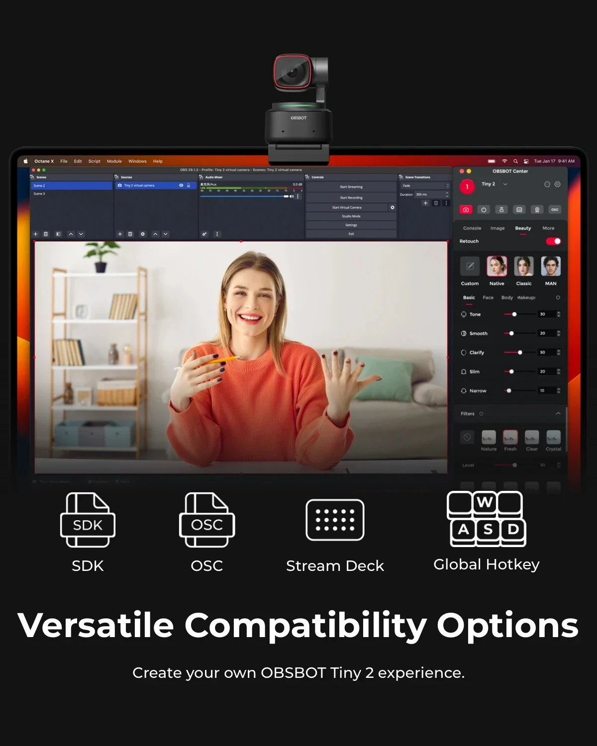 OBSBOT Tiny 2 Webcam 4K Voice Control PTZ AI Tracking & Auto Focus