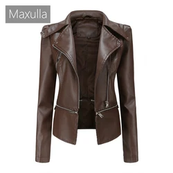 Maxulla Spring  Autumn Women's Casual Leather Jacket Outdoor Windproof Retro PU top Fashion Slim Punk Jacket Women's Clothing