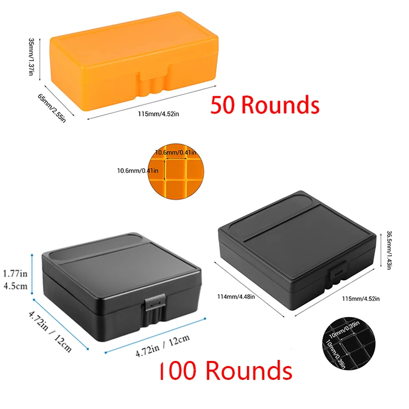 50/100 Rounds Ammunition Box 9mm .223 .38super Rifle Pistol Bullet Storage Case Ammo Holder for Outdoor Hunting Shooting Sports