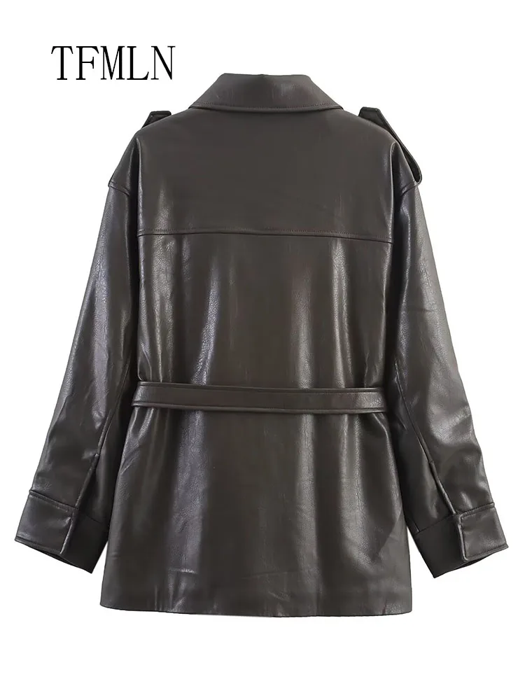 Fashion Women Faux Leather Jackets With Belt 2025 Autumn Winter Causal Lapel Zipper Loose Chic Coat High Street Long Sleeve Top