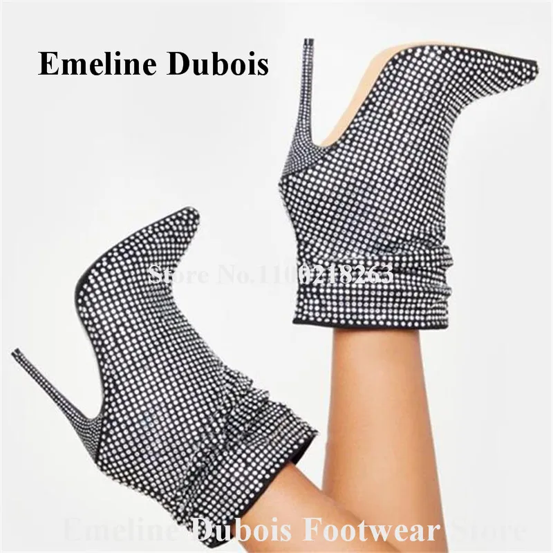 

Bling Bling Rihonestones Short Boots Emeline Dubois Pointed Toe Black Crystal Stiletto Heel Ankle Booties Shining Dress Heels