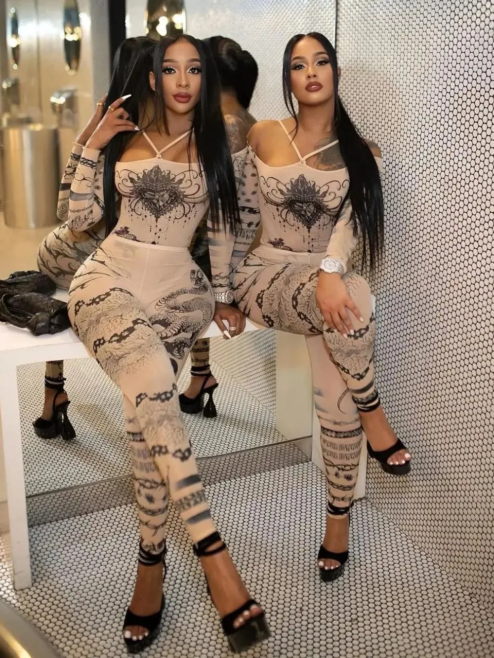 

Weird Puss-Sexy See Through Bodysuit forWomen, Heart Print, Slash Neck, Bodysuit and Leggings, Matching Midnight Clubwear Suit,