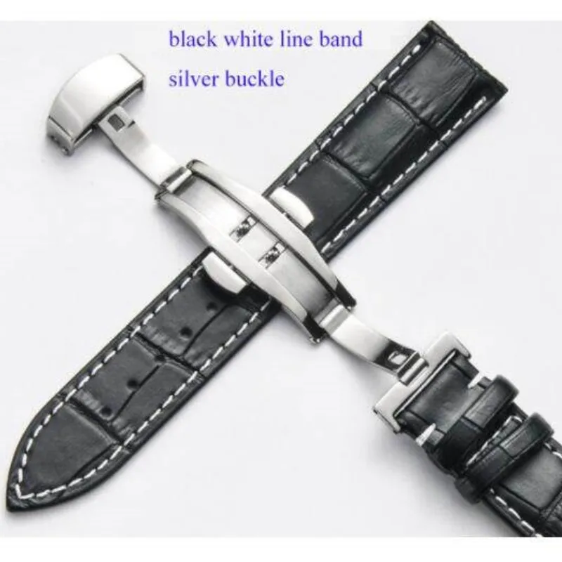 Elegant Leather Watch Band with Double Press Butterfly Clasp