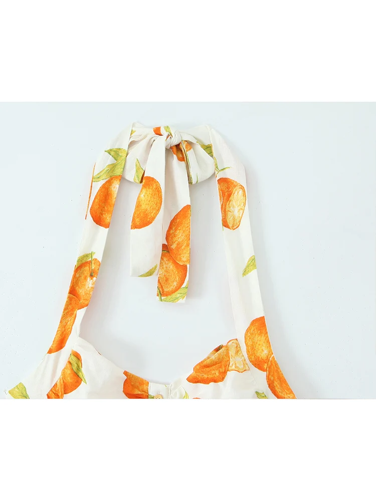 TFMLN 2025 Women Cute Print Halter Midi Dress Sexy Backless V-neck Slim Dress Female Summer New Elegant Party Evening Dress