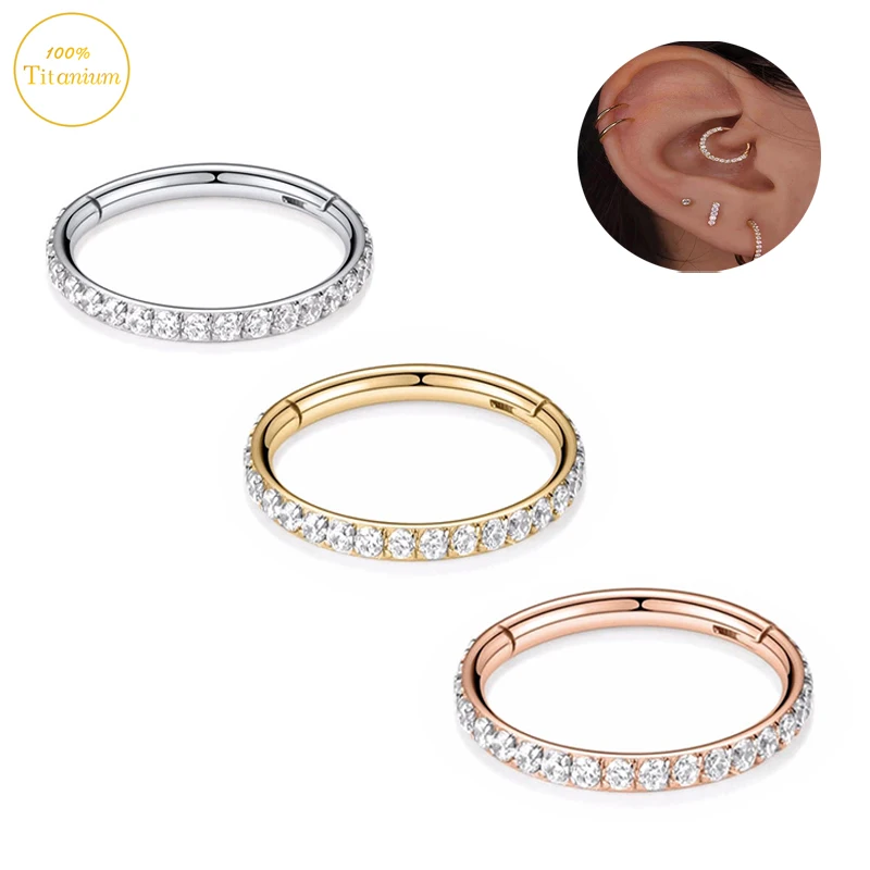 G23 Titanium Ear Piercing Earrings Zircon Hight Segment Clickers Septum Nasal Ring Cartilage Tragus Helix Lip Piercing Jewelry