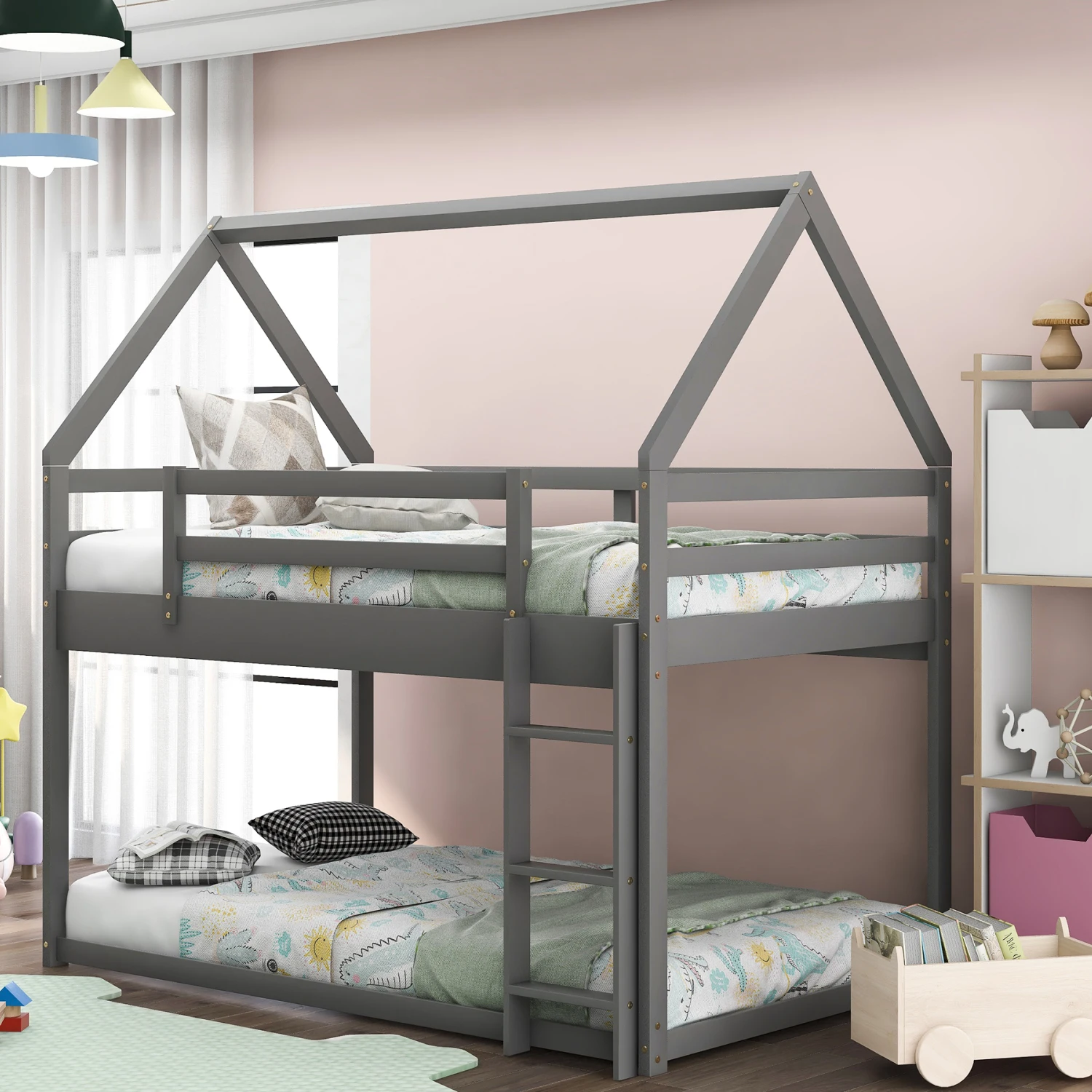 Twin over Twin Low Bunk Bed, House Bed with Ladder , Gray(OLD SKU WF197808AAE) 4