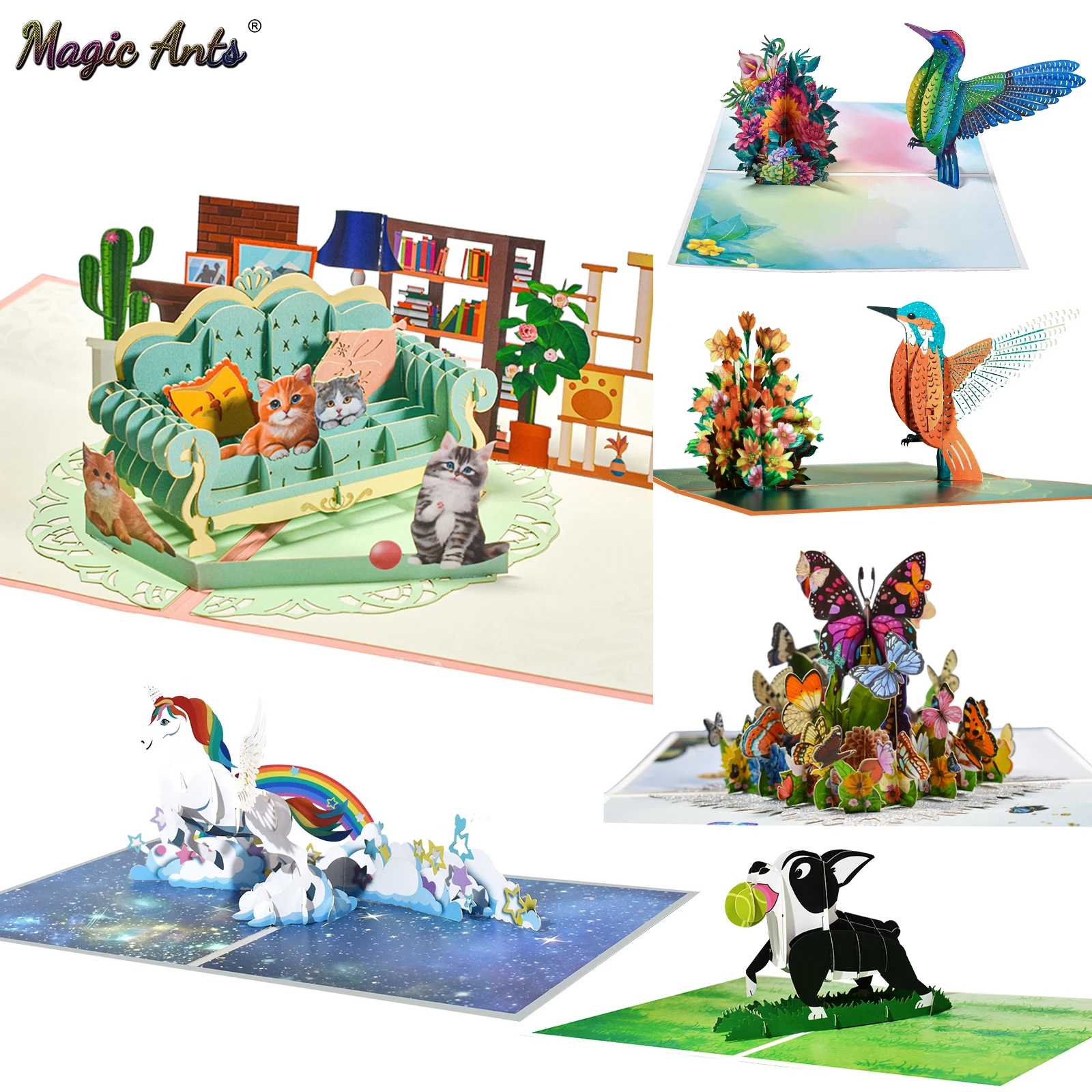 Greeting Cards 3D Animals Pop up Card Birthday Butterfly Unicorn Hummingbird Cat Dog Gift for Kids Children Baby Shower