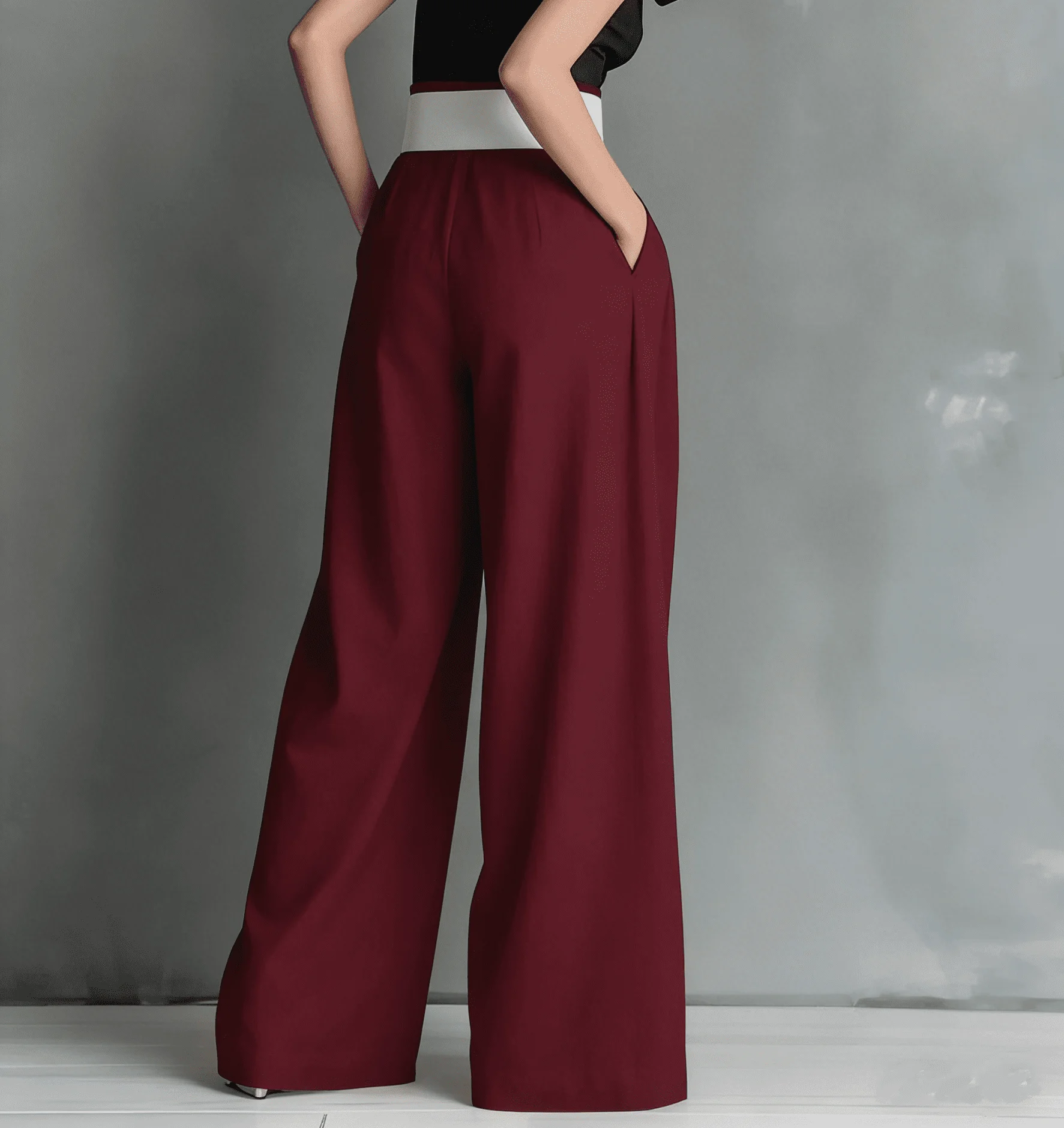 Damen High-Waist Weite Hosen mit Quadratischem Schnallenverschluss, Plissierte Lose Lange Hosen für Büro, Abend und Party – Detail 4