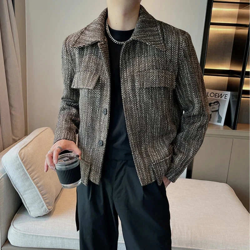 

2024 Autumn Winter Woven Woolen Jacket Men Loose Lapel Business Casual Coat Streetwear Overcoat Social Windbreaker Clothing