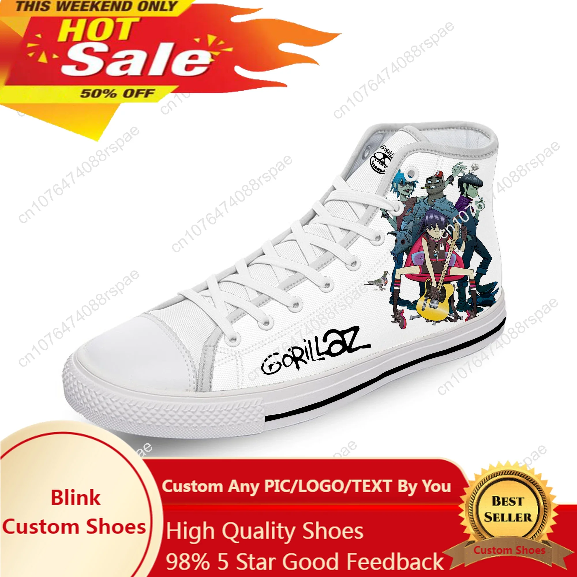 

Gorillaz Rock Band ChakaKhan Cool White Cloth Fashion 3D Print High Top Canvas Shoes Men Women Lightweight Breathable Sneakers