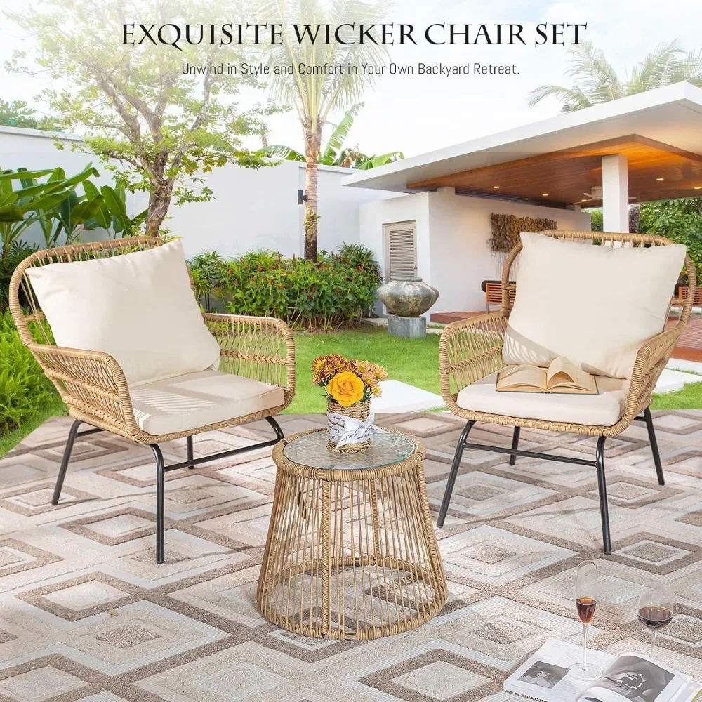 3 Piece Patio Furniture Sets with Egg Chair, Small Outdoor Bistro Chair Conversation Sofa Set W/Coffee Table & Ice Bucket 4