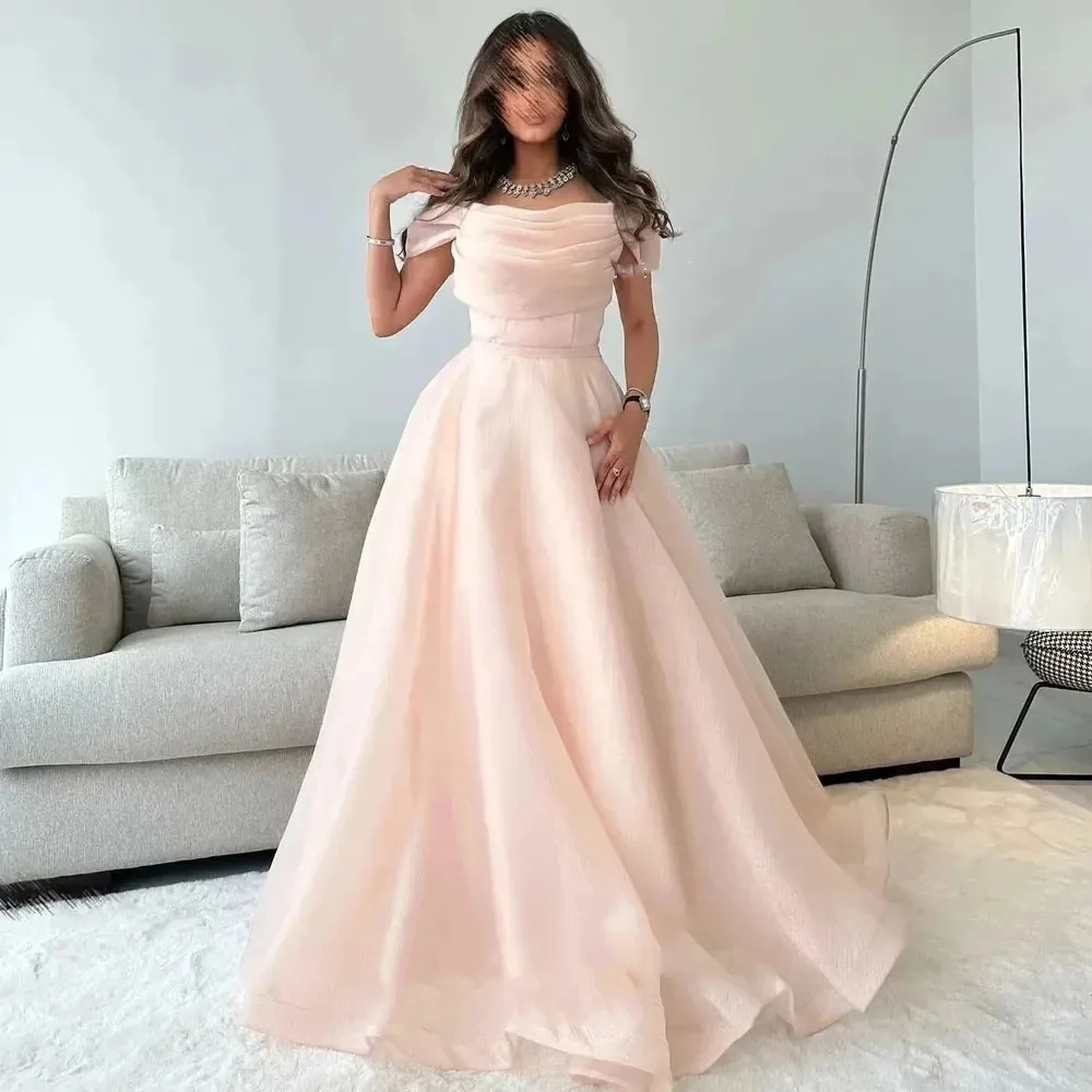 Sky Blue Prom Dressess Organza Strapless Puffy Evening Dress Custom Simple A-line Pleat Saudi Arabia 2023